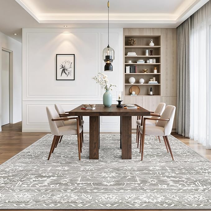 Soalmost 8x10 Area Rugs for Living Room, Washable Bedroom Soft Rug Grey | Vintage Floral Non-Slip Low Pile Stain Resistant Throw Large Neutral Carpet for Dining Room Kitchen Home Office 8'x10'