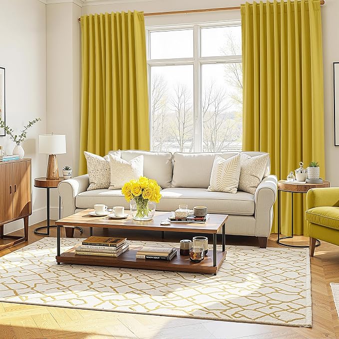 Guken 100% Blackout Curtains 84 Inch Length 2 Panels Set for Living Room Bedroom Back Tab Thermal Insulated Black Out Linen Drapes Room Darkening Celery Yellow,52x84
