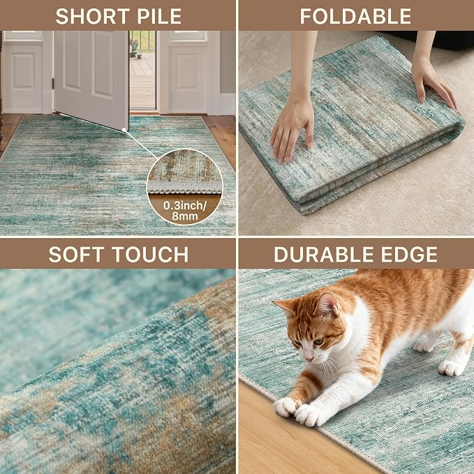 GENIMO Runner Rug Non Slip 2'6"x8', Washable Rug Runner for Hallways Kitchen, Abstract Modern Kitchen Rugs, Low Pile Lightweight Carpet Runners for Entryway, Bedroom, Laundry, Teal Brown