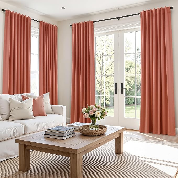 Guken Coral 100% Blackout Linen Curtains 120 Inch Length 2 Panels Set for Living Room Bedroom Back Tab/Rod Pocket Thermal Insulated Farmhouse Black Out Drapes Room Darkening,52x120