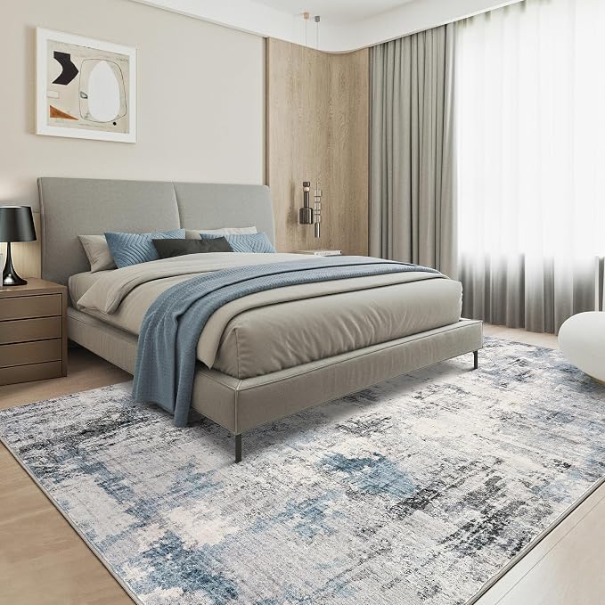 Abstract 11x13 Area Rug: Machine Washable Non Slip Ultra Thin Low-Pile Carpet, Soft Stain Resistant for Living Dining Room Bedroom, Kid Pet Friendly, Robot Vacuum Compatible - Grey Blue