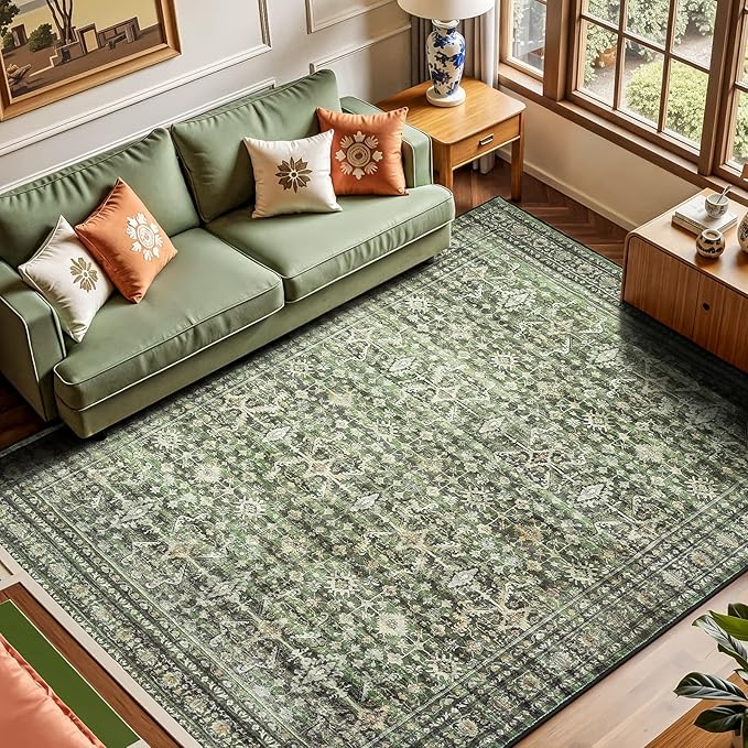 Lofus 5x8 Area Rug for Living Room,Green Washable Area Rugs with Non-Slip Backing,Soft Boho Carpets for Bedroom Dining Room Home Office Indoor Nursery
