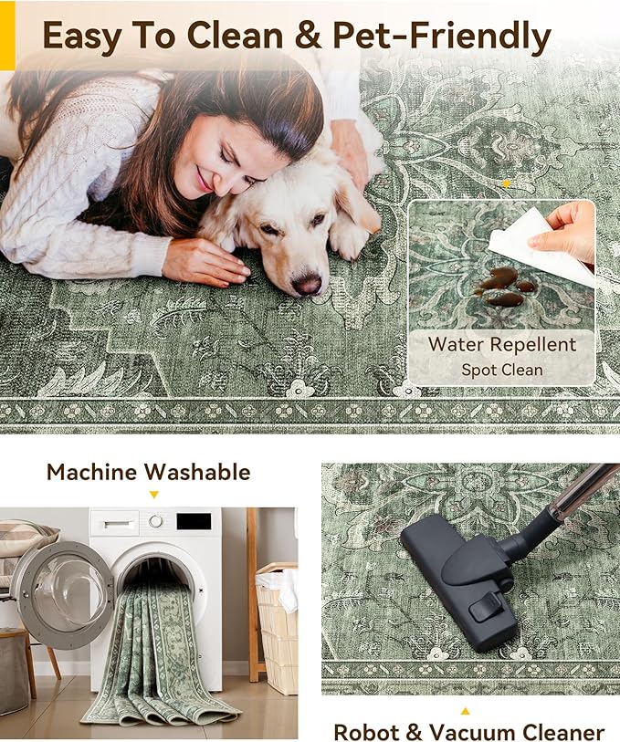RELEANY Area Rugs 5'x7' Washable Non-Slip, Floral Vintage Distress Medallion Carpet for Living Room Bedroom Dining Room, Dark Green Gray