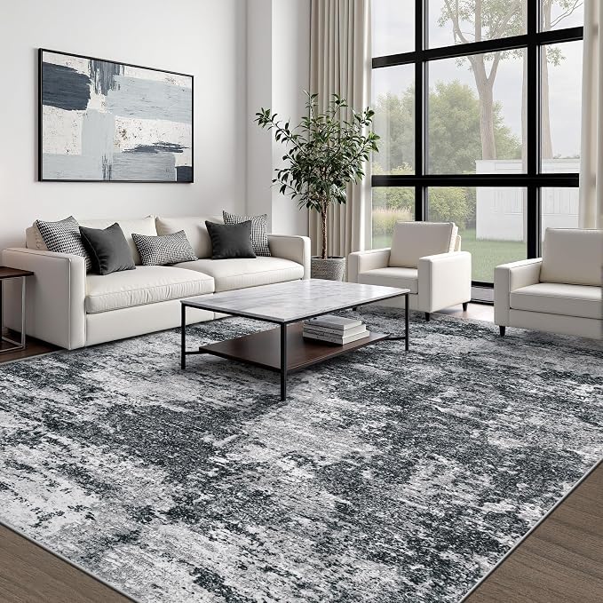 pmtsns Area Rugs 9x12 for Living Room: Washable Rug Modern Abstract Neutral Soft Non-Slip Low-Pile Indoor Large Carpet for Bedroom Dining Room Playroom Home Office (Black Grey, 9'x12')