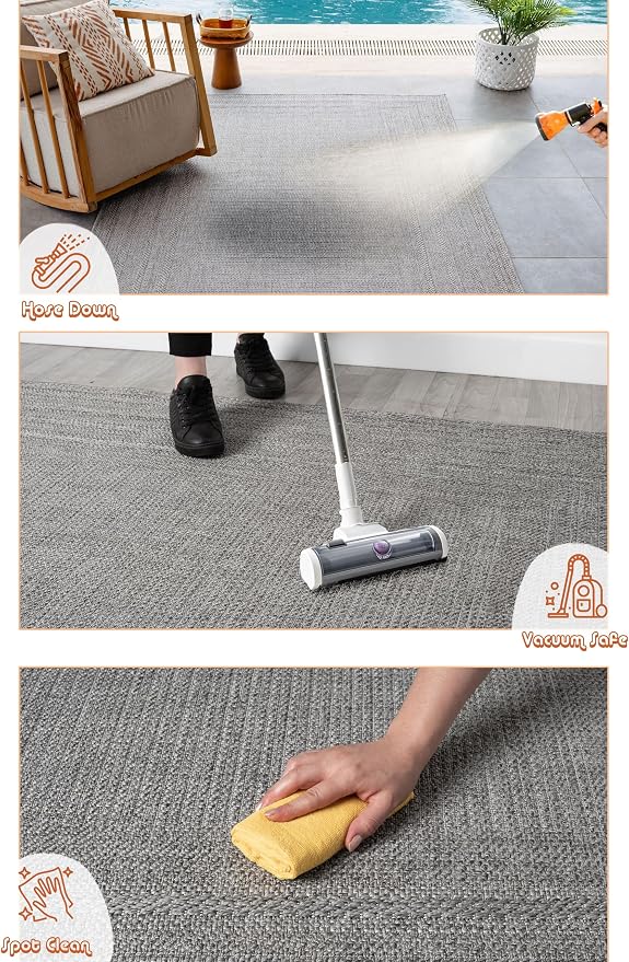 Berry Easy Jute Indoor Outdoor Rug, 5x7 Neutral Bordered Jute Look, Weather Resistant, Easy Care, Lightweight Outdoor Farmhouse Carpet for Patio, Porch, Living Room (5' x 7', Gray)