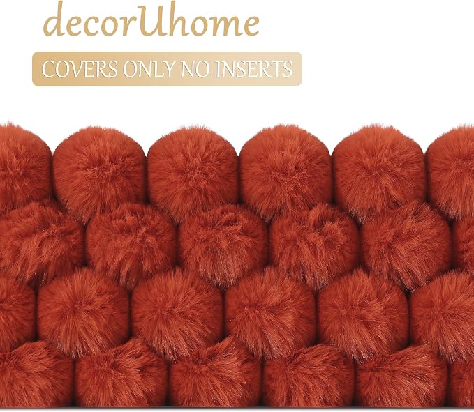 decorUhome Fall Faux Fur Throw Pillow Covers 18x18 Set of 4 Rust | Decorative Modern Farmhouse Soft Cozy Striped Pillow Cases Velvet Back for Sofa Bed Living Room Classic Accent Home Decor
