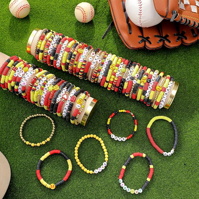 Landical 64 Pcs Sports Softball Bracelets for Women Vinyl Clay Party Favor Bracelet Pack Bulk Beaded Accessories Softball Player Gifts Adjustable Gifts for Goody Bag Fillers Party Favors