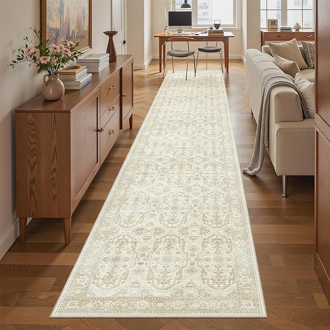 Soalmost Runner Rug 2x12 Washable Non-Slip Hallway Runner Rugs for Kitchen Bathroom Laundry Room Beige/Brown Vintage Floor Carpet Runners for Hallways Entryway