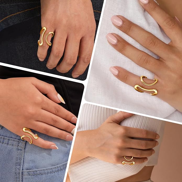 Gelbesty Waterproof Gold Statement Rings for Women, 14K Gold Plated Chunky Open Stackable Rings Non Tarnish Fashion Adjustable Stainless Steel Pinky Knuckle Signet Vintage Ring Jewelry Size 5-11