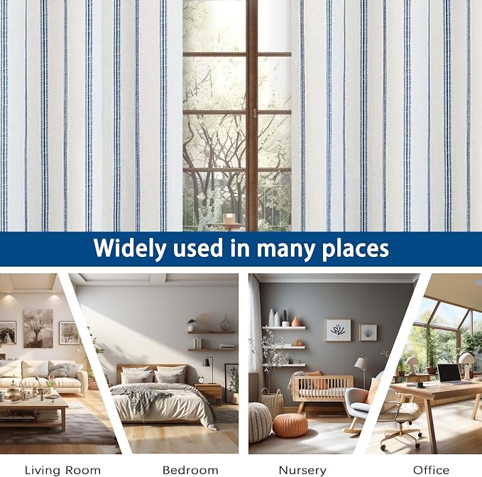 DriftAway Farmhouse Stripe Blackout Curtains, W52xL63, Navy Blue | Blackout, Linen Texture, Stripe Pattern, Rod Pocket & Back Tab, Two Layers, Bedroom Living Room Use, Sound Reducing Design