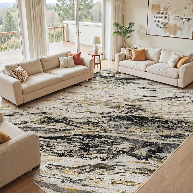 Area Rugs for Living Room: 7X9 Abstract Washable Rug Modern Neutral Large Soft Stain Resistant Non-Slip for Bedroom Dining Room Indoor Home Office Carpet - Black Gold