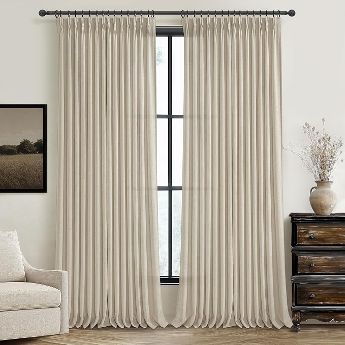 Floor to Ceiling Light Flax Linen Curtains 120 Inches Long 2 Panels Set for Patio Sliding Door 2 Panels Set, Elegant Memory Shape Pinch Pleated Warm Beige Sheer Curtain Light Filtering for Dining Room