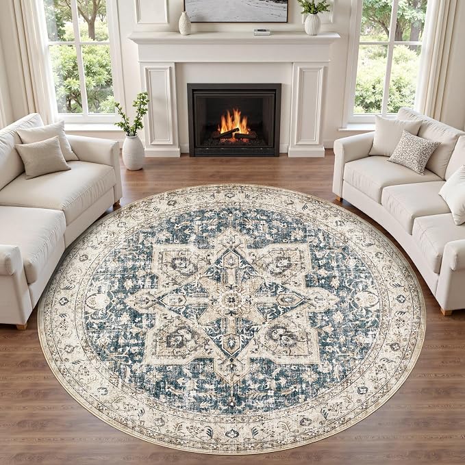 Tortania 7' Round Area Rug Living Room Rugs - Washable Boho Rug Vintage Oriental Distressed Farmhouse Large Thin Indoor Carpet for Bedroom Under Dining Table Home Office - Cream/Blue