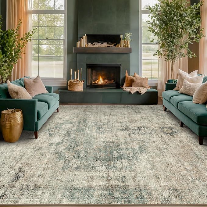 Washable 7x10 Moss Area Rug for Living Room Table – Neutral Green Farmhouse Rug for Dining Room, Vintage Bedroom Under Bed, Non-Slip Stain & Fade Resistant, Vintage Distressed Farmhouse Décor
