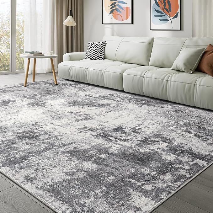 Abstract 8x11 Area Rug: Machine Washable Non Slip Ultra Thin Low-Pile Carpet, Soft Stain Resistant for Living Dining Room Bedroom, Kid Pet Friendly, Robot Vacuum Compatible - Grey