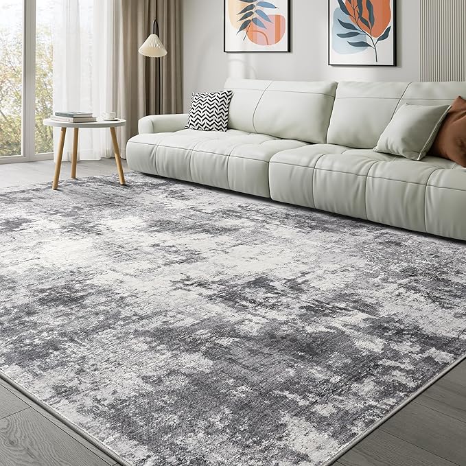 Abstract 10x12 Area Rug: Machine Washable Non Slip Ultra Thin Low-Pile Carpet, Soft Stain Resistant for Living Dining Room Bedroom, Kid Pet Friendly, Robot Vacuum Compatible - Grey