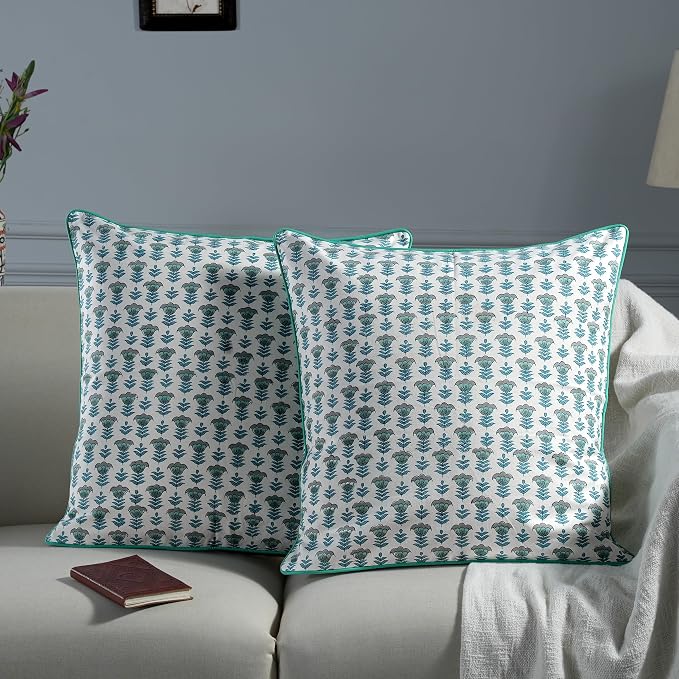 Ridhi Block Print Aquamarine Blue Pillow Cover 16" x 16" (Pack of 2) Decorative Couch Pillows for Living Room, Farmhouse Chic Boho Cute Outdoor Pillows Covers Gifts for Spring, Mother's Day