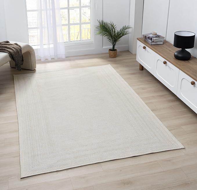 Berry Easy Jute Indoor Outdoor Rug, 5x7 Neutral Bordered Jute Look, Weather Resistant, Easy Care, Lightweight Outdoor Farmhouse Carpet for Patio, Porch, Living Room (5' x 7', Ivory)