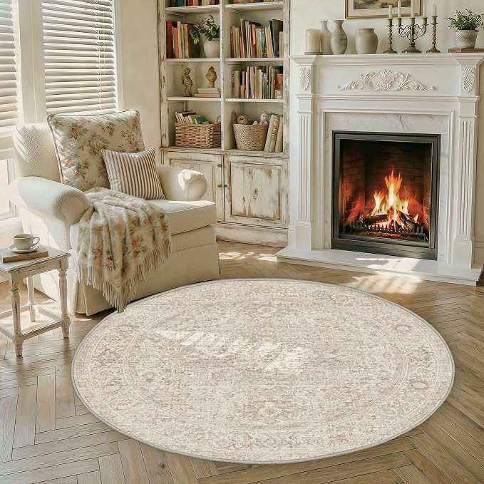FMFUNCTEX 3ft Round Washable Area Rug Beige Vintage Neutral Oriental Distressed Small Non Slip Carpet for Living Room Bedroom Soft Low Pile Indoor Mat Retro Throw Rug for Entryway Bathroom Bedside