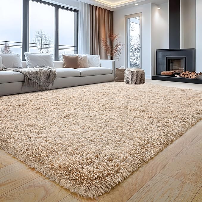 5x7 ft Area Rugs for Living Room, Beige Fluffy Shag Rug for Bedroom | Soft and Comfy, Neutral Fuzzy Bedside Carpet for Nursery and Kids Room, Girls, Boys Dorm Home Decor Aesthetic, Non Slip