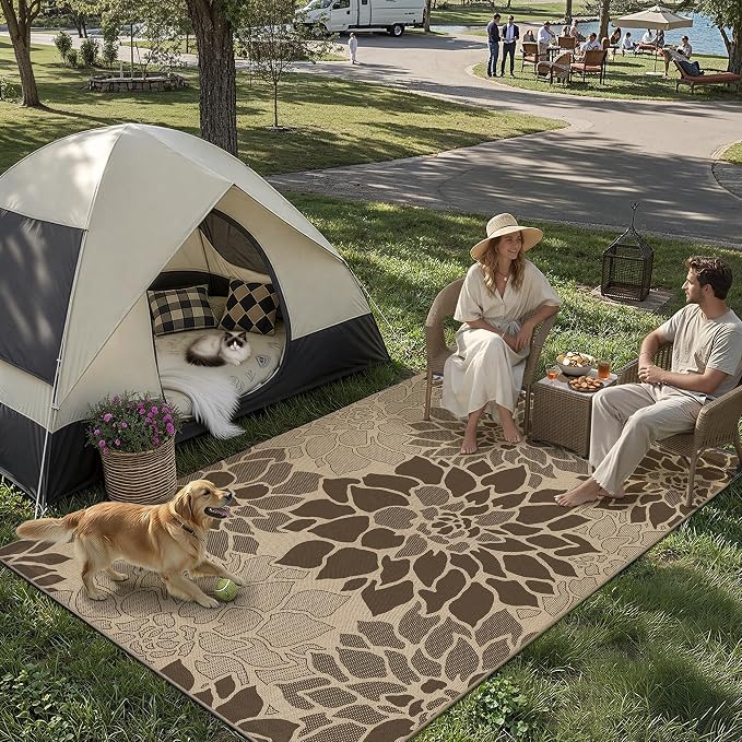 PureCozy 5x8 Easy Jute Outdoor Rug Brown Floral Textured Indoor Outdoor Area Rug Farmhouse Patio Carpet for Backyard, Patio, Porch, Easy-Cleaning, High Traffic, Pet-Friendly, Non-Shedding