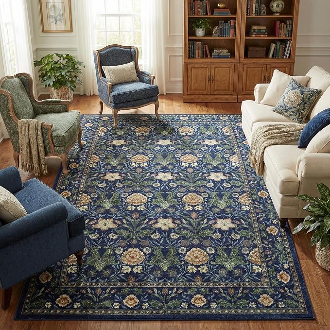 GarveeHome Green Washable Area Rug 5x7, Retro Floral Low Pile Non Slip Living Room Rug Soft Cottage Core Rug Farmhouse Indoor Carpet for Bedroom Dining Room Playroom