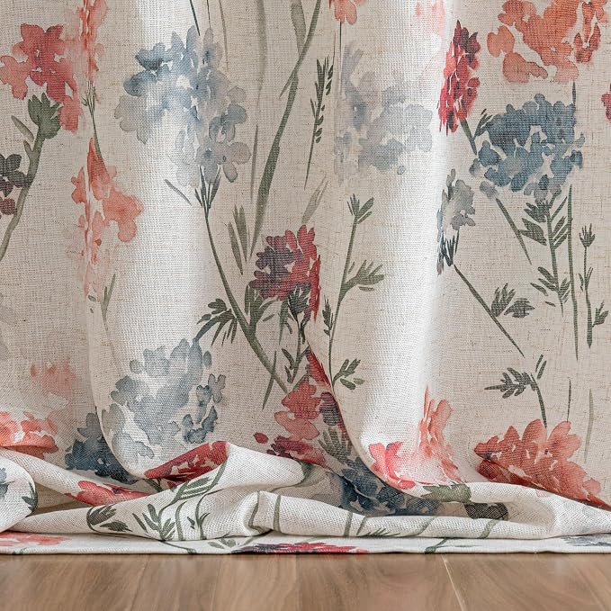 MYSKY HOME Floor to Ceiling Linen Floral Curtains 108 Inch Length 2 Panels Semi Sheer Light Filtering Farmhouse Flower Printed Window Grommet Drapes for Dining Room, 52" W Each Panel, Red