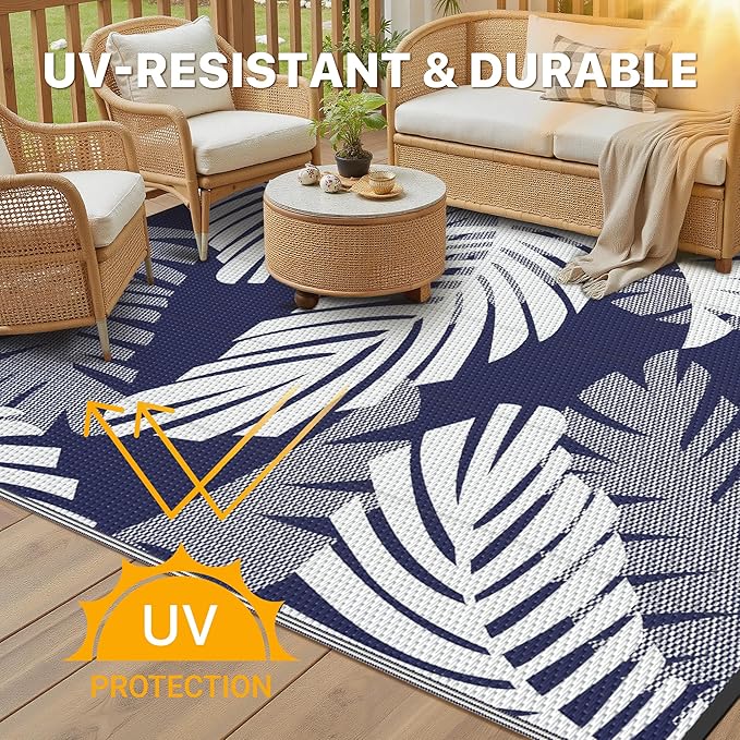 GENIMO Outdoor Rug, Waterproof Plastic Rugs for Patio, 9'x12' Blue White | Outside Larger Leaf Carpet Mat for Porch Decor, Deck, Balcony, Camping, RV, Backyard, Picnic, Beach, Reversible, Foldable