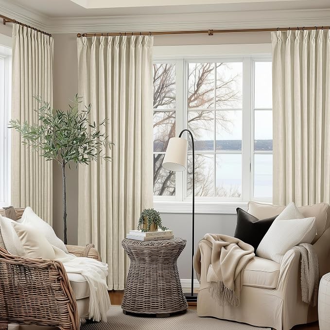 TWODRAPES 60 Inch Width 102 Inches Long Linen Pinch Pleat Curtains 1 Panel | Light Filtering Semi Sheer Privacy, 400GSM Fabric Memory Shape, Pinch Pleated, for Sliding Door Living Room Bedroom, W60xL102