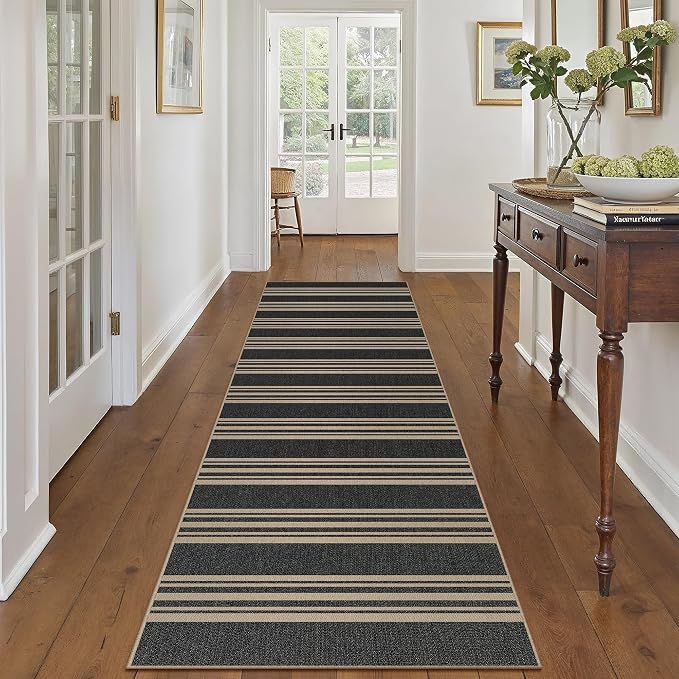 PureCozy Washable Kitchen Runner Rug 2x8 Striped Jute Look Non Slip | 2'6"x8 Black Farmhouse Design, Indoor Outdoor Hallway Runner for Entryway, Laundry Room and Kitchen, Non Shedding, Easy Care