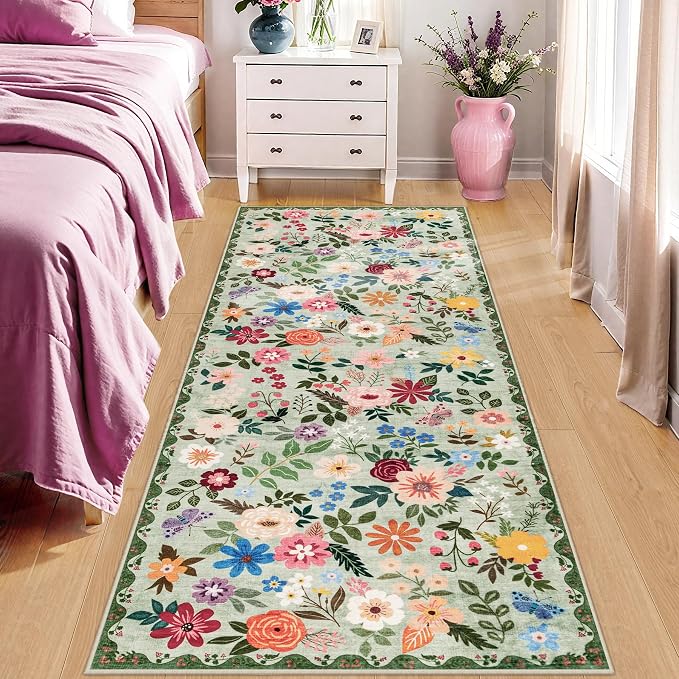 Runner Rug for Entryway: 2x5 Kitchen Rugs Non Slip Washable Ultra-Thin Soft Floral Carpet Indoor Floor Stain Resistant Carpets for Hallway Bedroom Kitchen Laundry Bathroom Dorm Green