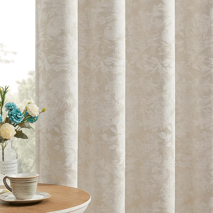 Beauoop Beige Floral Jacquard Blackout Curtains for Bedroom 52x63 2 Panels | Flower Chenille Room Darkening Drapes for Living Room 63 Inch Long Thermal Insulated Soundproof Window treatment Grommet