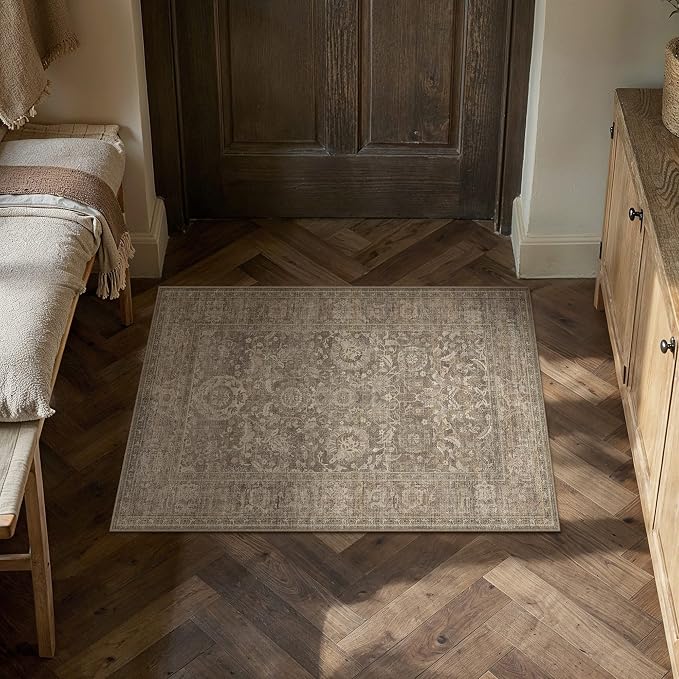 HUGEAR Entryway Rugs 2x3 Light Brown Washable Rug Door Mat Neutral Vintage Rug Carpet Distressed Soft Durable Non Slip No Shedding for Indoor Bedroom Kitchen Dining Nursery Laundry