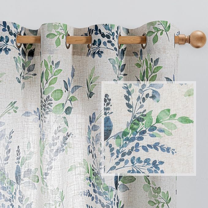 MYSKY HOME Floral Linen Curtains 45 inch Length 2 Panels Set Leaf Patterned Semi Sheer Light Filtering Privacy Farmhouse Grommet Drapes for Bedroom Small Window, 52" Wide Each Panel, Green
