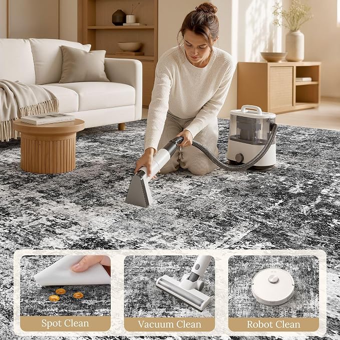 cotiled Washable Area Rug 5x7, Non-Slip Soft Neutral Rug for Living Room | Modern Abstract Carpet, Stain Resistant and Kid & Pet Friendly, Ideal For Bedroom, Dining Room, Nursery, Office - Blue/Gery