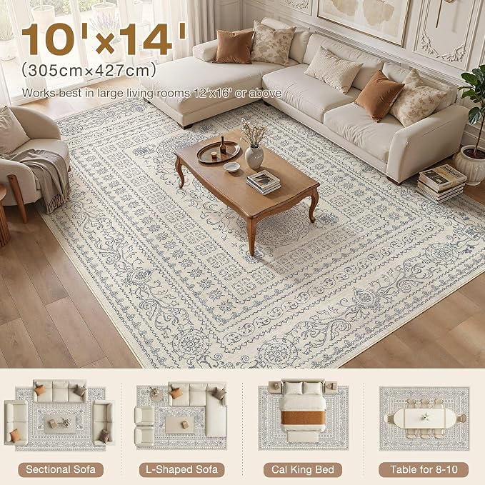 Nakagishi 10x14 Area Rugs Living Room: Washable Large Vintage Rug Neutral Non-Slip Soft Stain Resistant Indoor Carpet for Bedroom Nursery Dining Room Office Playroom - Blue/Beige