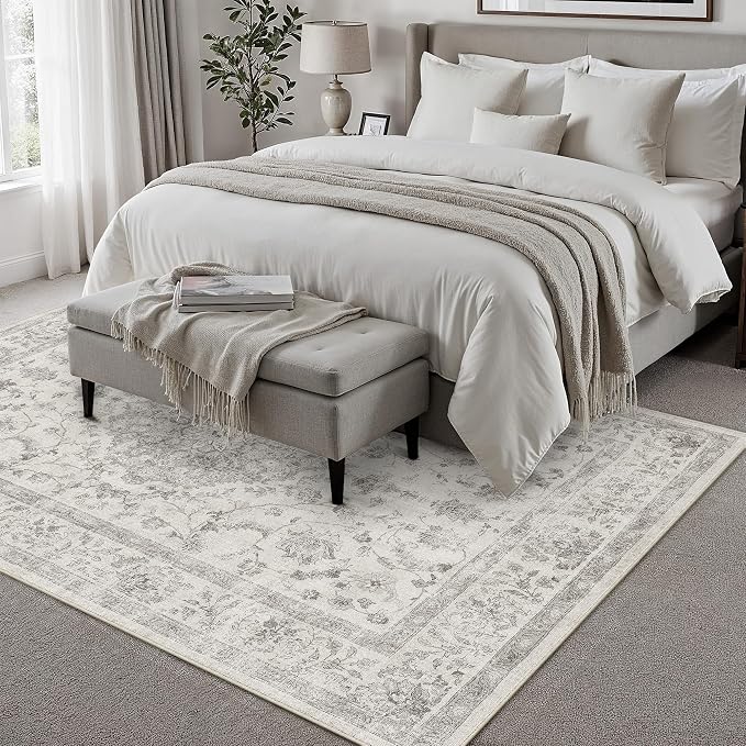PureCozy 5x7 Area Rug Washable Gray Vintage Oriental Retro | Non Slip, Soft Low Pile, Carpet for Dorm Room, Bedroom, Apartment Living Room, Neutral Decor