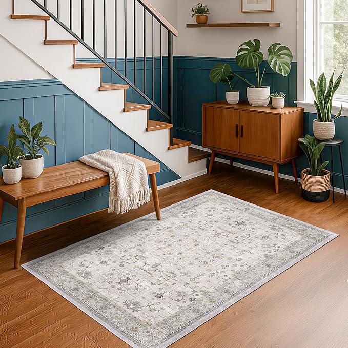 Hazo Haus Washable Boho 4x6 Living Room Rug - Light Gray & Sage Area Rug for Kitchen, Mudroom, Bedroom Beside Bed, Office, Modern Vintage Eclectic Geometric Floral, Low Pile & Fade Resistant