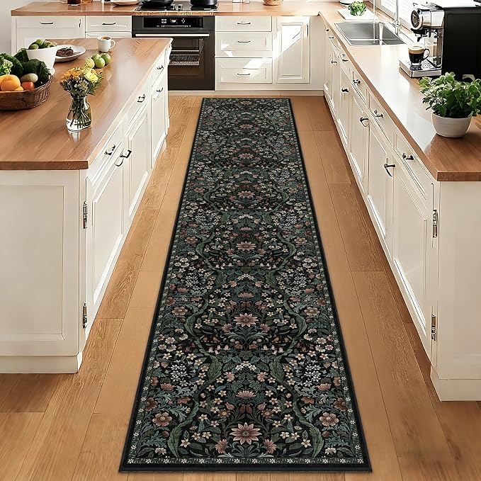 2x10 Washable Runner Rug,Black Floral Boho Area Rug for Hallway,Low-Pile Non-Slip Stain Resistant Carpet for Kitchen, Bedside,Laundry Room,Entryway