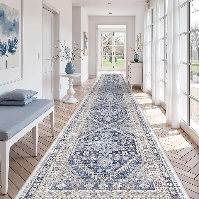 zesthome 3x20 Washable Runner Rug for Hallway, Non-Slip Long Hallway Runner for Entryway, Soft Vintage Kitchen Mats for Floor, Abstract Dining Room, Bedroom, Living Room Rugs(Blue/Beige,3'x20')