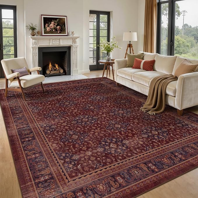 Amber Red Living Room Rug 8x10, Earth Tone Vintage Bedroom Rug with Boho Floral Trellis Purple Accents, Non Slip Washable Low Pile Thin Carpet Rug for Dining Room/Guest Room/Home Office