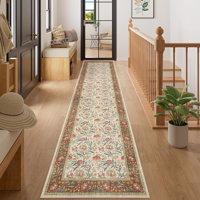 DUKINO 2x10 Runner Rug for Hallway, Washable Vintage Floral Rug, Brown | Non Slip, Low Pile, Non-Shedding, Stain Resistant Soft Long Runner Carpet for Kitchen Bathroom Entryway Bedroom Farmhouse