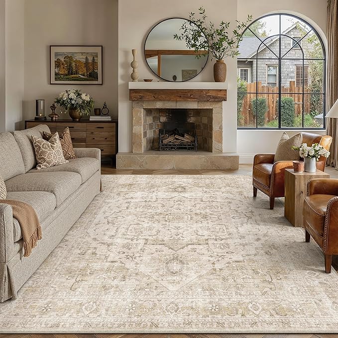 HUGEAR 9x12 Machine Washable Rug Beige Area Rug Room Decor Distressed Vintage Living Room Carpet Non Slip Low Pile Throw Rugs for Bedroom Dining Room Soft Lightweight