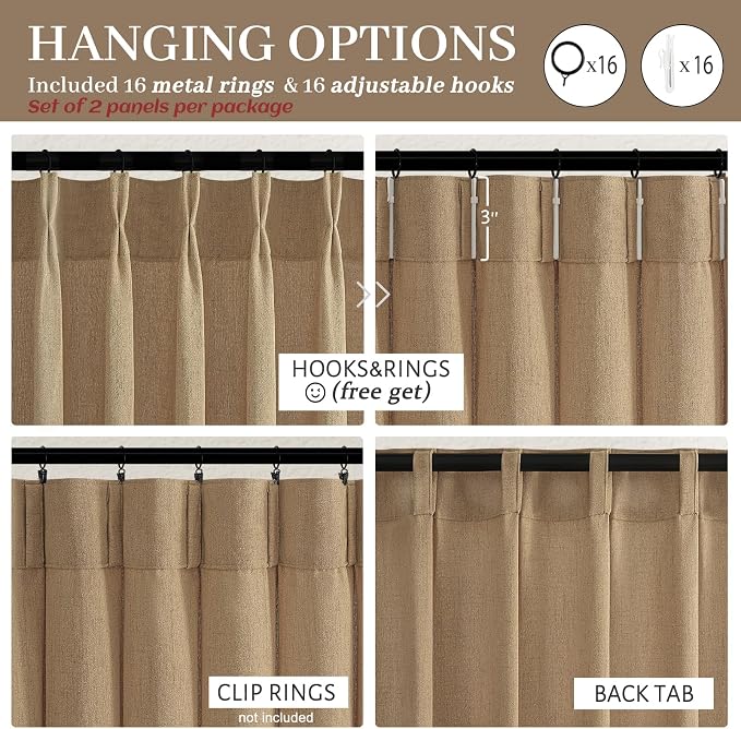 Rust Brown Pleated Flax Linen 102 Inch Extra Long Curtains for Sliding Glass Doors, Memory Shape Pinch Pleat Light Filtering Semi Sheer Country Window Drapes Bedroom Privacy Viral Curtain 2 Panels Set