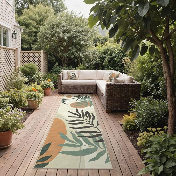 GENIMO 2.5x8 Outdoor Runner Rug, Washable for Patio, Beige Olive | Botanical leaf design for balcony; fade resistant chenille and quick-dry non-slip backing for indoor hallway kitchen.