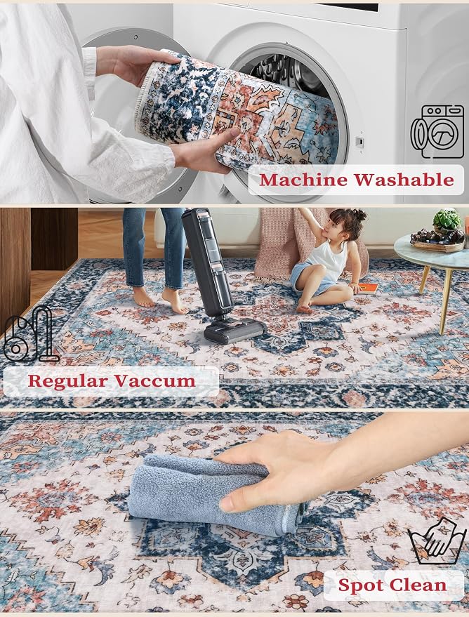 SERISSA Boho Washable Runner Rug, 2x6 Rug Non-Slip Vintage Blue Orange Hallway Kitchen Runner Rug Ultra Soft Print Distressed Tribal Floor Carpet for Bedroom Bathroom Laundry Room