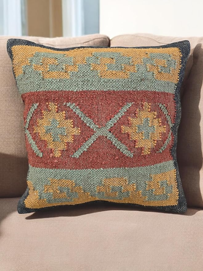 Kilim Pillow Cover Set of 4, 18 x 18 inches Wool Jute Cushion Cover, Handwoven Boho Vintage Decorative Throw Pilllow Case for Living Room & Bedrooms (D4-Set of-4)
