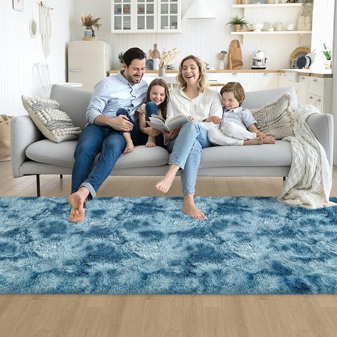 3x10ft Plush High Pile Blue Tie-Dyed Rug Fluffy Soft Runner Bedside Rug for Bedroom Living Room Hallway Nursery Kids Home Decor Shag Carpet