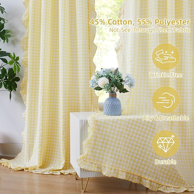 ZJDECOR Yellow Buffalo Plaid Ruffle Window Curtain Panels 90 Inches Long | Shabby Chic Not-See-Through Sheer Drapes,Girls Room Bedroom Living Room,Rustic Window Treatment,Rod Pocket,40"Wx90"Lx2