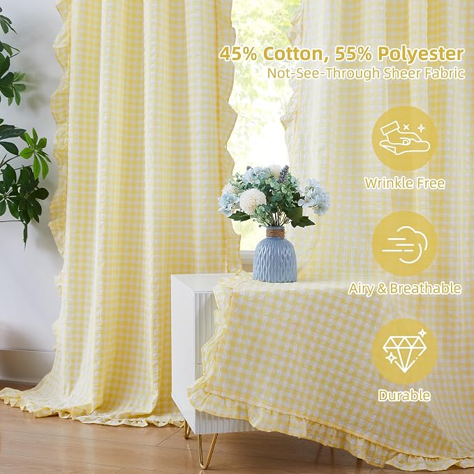 ZJDECOR Yellow Buffalo Plaid Ruffle Window Curtains 72 Inches Length | Crinkle Ruffle Cortinas,Nursery Kids Room,Not-See-Through Sheer Drapes,Farmhouse Window Treatment,Rod Pocket,40"Wx72"Lx2